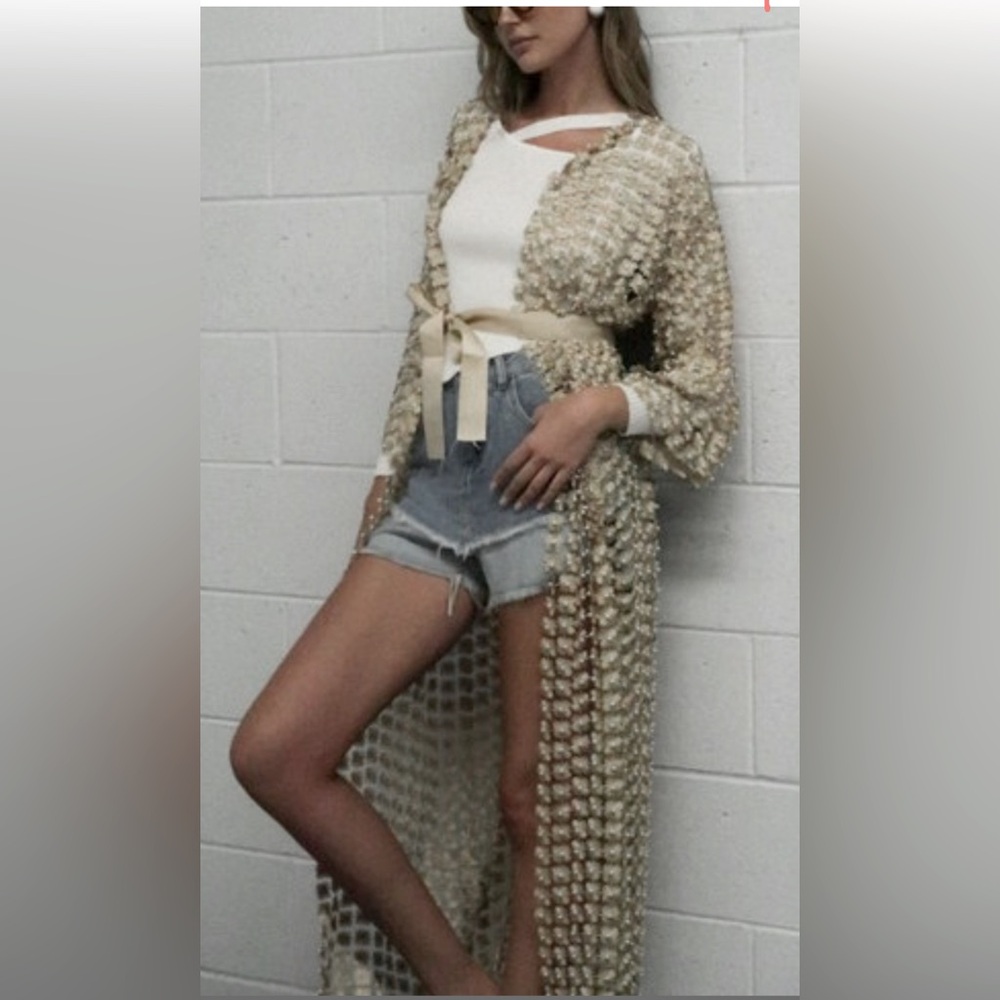 QUII Long Floral Shimmer Gold Metallic Cover Up Boho Open Cardigan Kimono M NWT